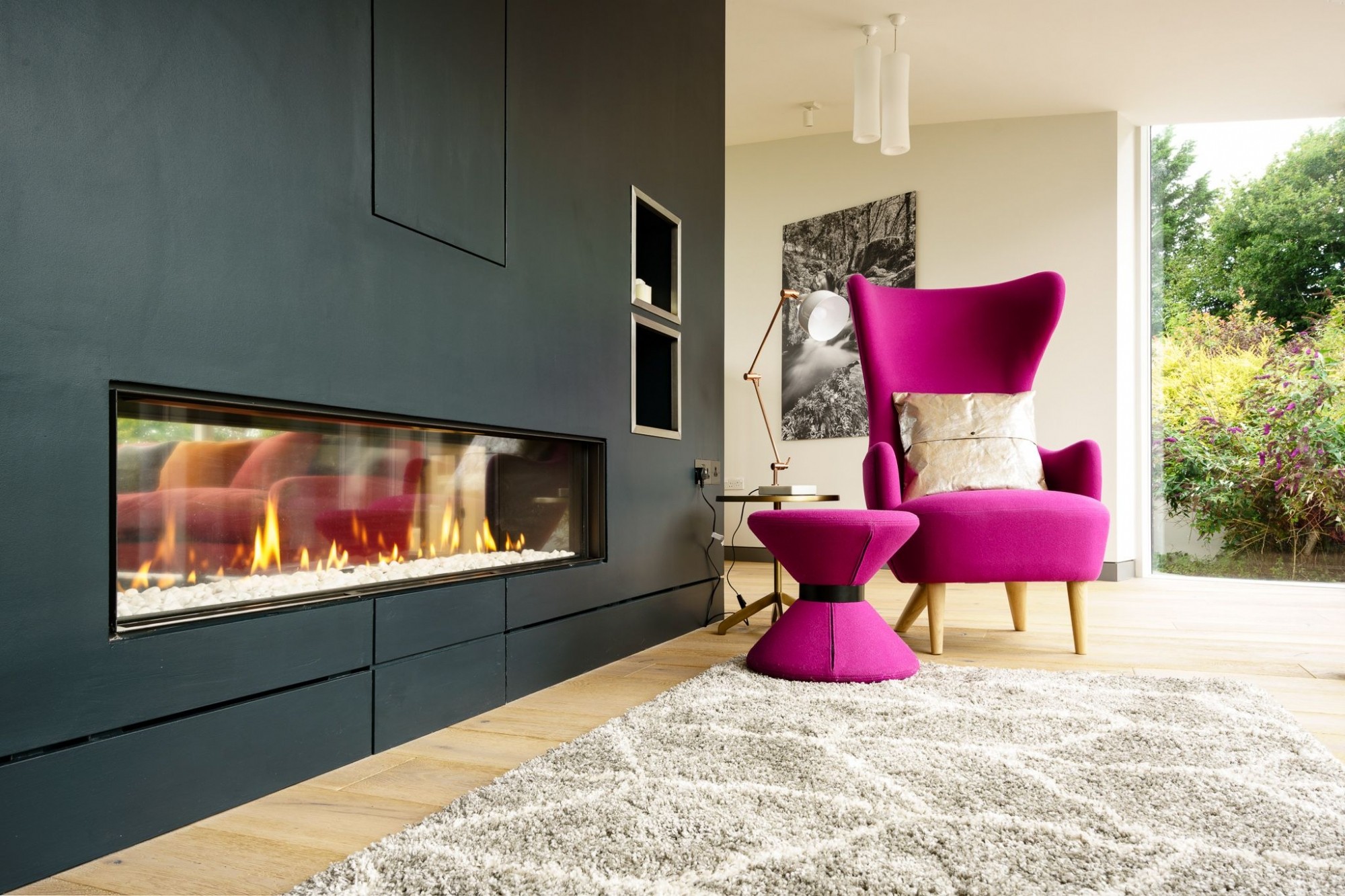 Modern fireplace at Dartmoor property